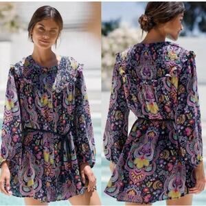 Anthropologie‎ Bohemian Buttons Down Mini Dress Long Sleeves Size XXS Paisley
